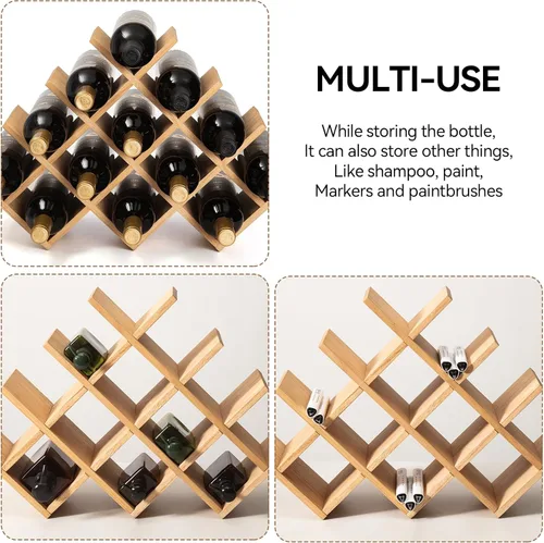Miniatura 3 de KIRIGEN Estante de madera para vino de 13 botellas, estante de exhibición de vino de 4 niveles de madera natural, estante de almacenamiento de pie