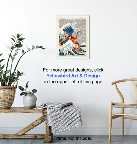 Miniatura 5 de Arte de Pared Decorativo Diccionario Pulpo Ola Kanagawa Japonés - Decoración Retro para el Hogar Reciclada de 8x10 pulgadas para Oficina
