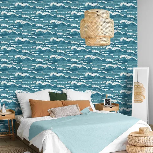 Miniatura 7 de VaryStyle Papel tapiz vintage con ondas azul marino/blanco océano costero, papel tapiz autoadhesivo para despegar y pegar, papel de contacto