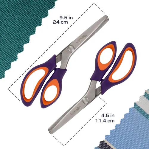 Miniatura 2 de JubileeYarn - Tijeras de entintar de grado profesional, acero inoxidable dentado de 9.5 pulgadas, color morado y naranja, 1 par