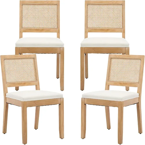 Miniatura 51 de Juego de 2 sillas de comedor de campo francés, sillas de comedor de madera de granja beige, silla de comedor con respaldo tejido con cojín tapizado