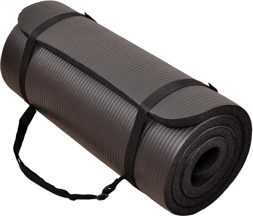 Fitvids Esterilla de yoga extra gruesa de alta densidad antidesgarros de 1 pulgada con correa de transporte, color negro