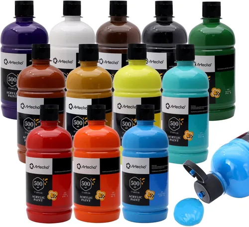 Artecho Juego de pintura acrílica de 12 colores en envases grandes (500ml/17oz), pintura para manualidades artísticas para suministros de arte,