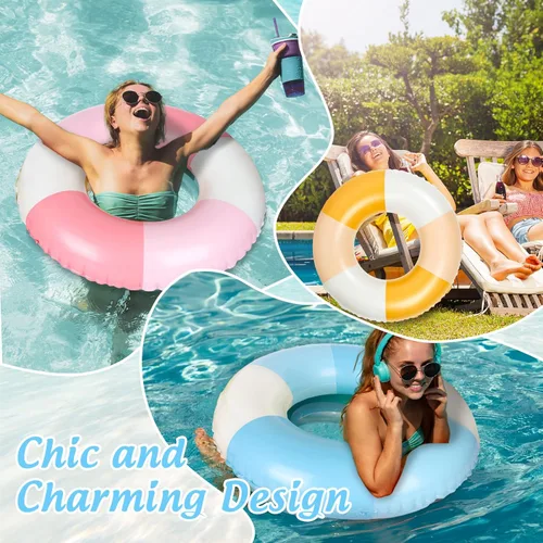 Miniatura 5 de JarThenaAMCS 4 flotadores inflables para piscina, 4 colores, anillos de natación retro a rayas, tubos de piscina para adultos, adolescentes, verano
