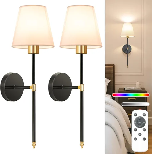Miniatura 24 de NIORSUN Juego de 2 apliques de pared con pilas de 13.8 pulgadas, luces de pared recargables negras con bombillas desmontables regulables de 10400