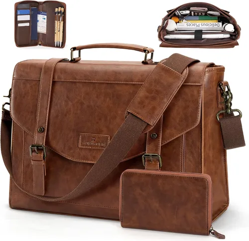 Miniatura 7 de RAINSMORE Bolso bandolera con solapa para hombre, de piel sintética vintage, estilo retro, de 15.6 pulgadas, con cartera, para laptop