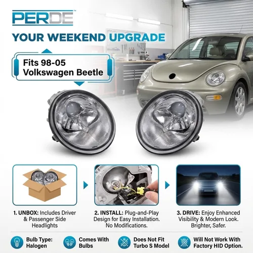 Miniatura 4 de PERDE set de luces delanteras cromadas, halógenas con cristales de rendimiento, para 1998-2005 Volkswagen Beetle.