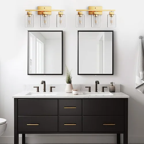 Miniatura 8 de PARTPHONER Lámparas de baño de 3 luces, luces de tocador modernas de oro cepillado, accesorios de iluminación de baño sobre el espejo, apliques