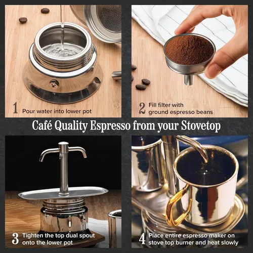 Miniatura 2 de Kings County Tools Cafetera de Café de Dos Bocas de 2 Tazas - Cafetera Espresso de Acero Inoxidable para Estufa - Máquina de Café Italiana