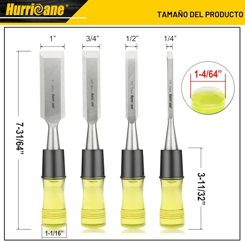 Miniatura 2 de HURRICANE - Juego de 4 cinceles de madera para carpintería. Hojas de acero CR-V con borde biselado y tapas de seguridad. Mango de PVC duradero