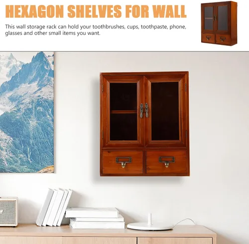 Miniatura 9 de Holibanna Armario de pared de madera vintage con puertas dobles, caja de almacenamiento pequeña multifuncional para cocina y hogar, organizador