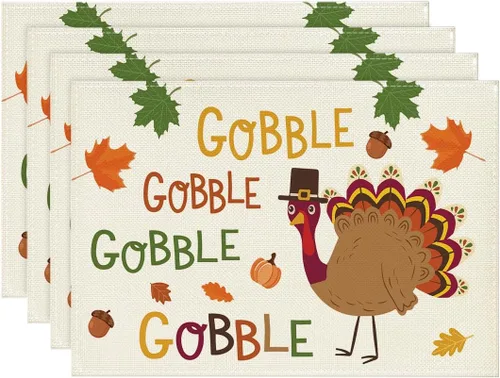 Artoid Mode Turkey Gobble - Juego de 4 manteles individuales de Acción de Gracias, hojas de arce de 12 x 18 pulgadas, manteles individuales de otoño