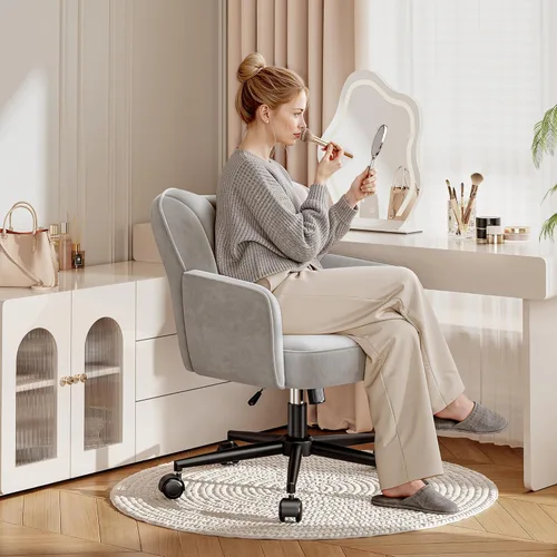 Miniatura 7 de DurayLoly Silla de tocador con ruedas y respaldo, silla de tocador de altura ajustable, sillas de escritorio cómodas para maquillaje, trabajo y Gris