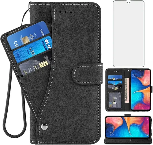 Asuwish Funda tipo cartera compatible con Samsung Galaxy A20 A30 y protector de pantalla de vidrio templado, soporte para tarjetas de crédito,