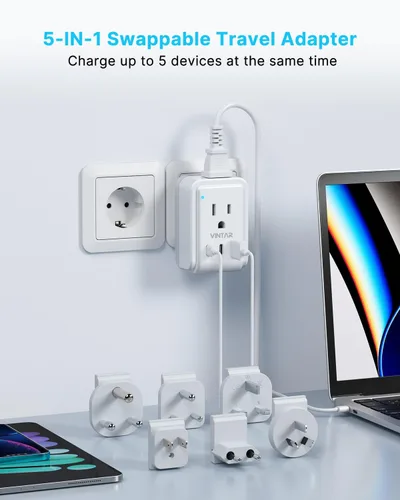 Miniatura 3 de VINTAR Kit de adaptador de viaje universal, cable de extensión desmontable de 1.5 metros con 2 tomas de CA y 3 USB (2 USB C), adaptador de corriente