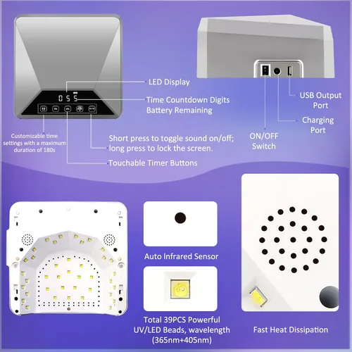 Miniatura 7 de Lámpara de uñas LED UV recargable de 78 W para uñas de gel, secadora de uñas inalámbrica con soporte telescópico oculto para manos y pies, batería