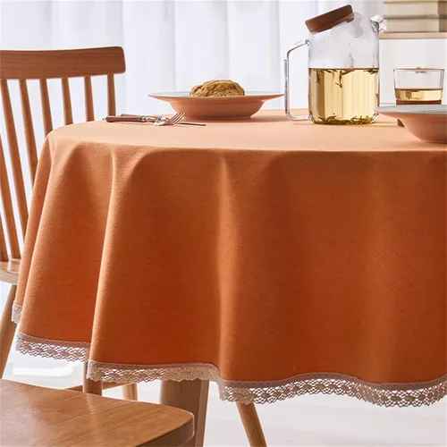 Miniatura 9 de Dimatic Mantel redondo con textura de lino con ribete de encaje, impermeable, a prueba de derrames, para decoración de mesa de cocina, comedor, Beige