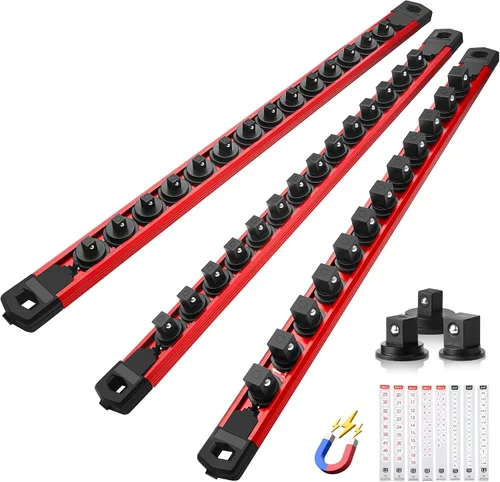 Miniatura 40 de Reniteco Juego de organizador de enchufes magnéticos, 3 piezas de 1/2 pulgada 3/8 pulgadas 1/4 pulgadas de aleación de aluminio con 40 clips Negro