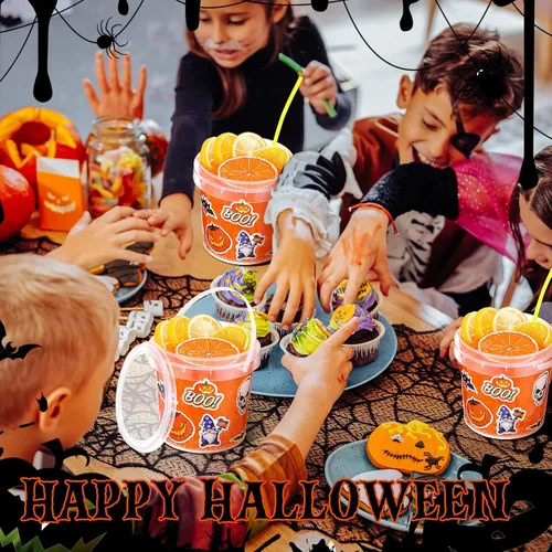Miniatura 5 de Sliner 20 cubos pequeños para dulces de Halloween de 34 onzas, 100 calcomanías de terror, cubetas de ron de cóctel con tapa y asa para Halloween