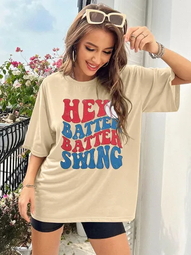 Miniatura 11 de Camiseta de béisbol para mujer, camisetas de béisbol de gran tamaño Hey Batter Batter Swing Graphic Tee Ballpark Gift Tops de manga corta
