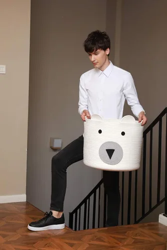 Miniatura 8 de Cesta de oso, cuerda de algodón grande, gran almacenamiento, cesta de lavandería tejida, papelera de almacenamiento de tela, para ropa en el Blanco