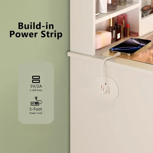 Miniatura 7 de KDCAS Escritorio pequeño con espejo y luces, escritorio de maquillaje con parte superior de vidrio transparente y almacenamiento, tocador blanco