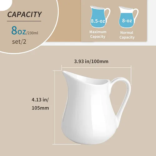 Miniatura 2 de Gurygo Juego de 2 Jarras para Crema de 8 onzas de Cerámica con Asa, Pequeño Contenedor Clásico de Leche Blanco, Jarra de Crema de Porcelana Fina