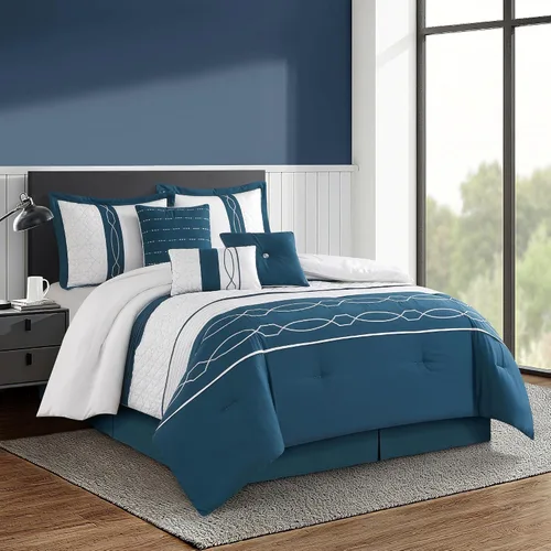 Miniatura 9 de Grand Avenue Juegos de cama con diseño geométrico negro/rojo, tamaño Queen con edredón, 7 piezas, funda de almohada, falda de cama, almohada