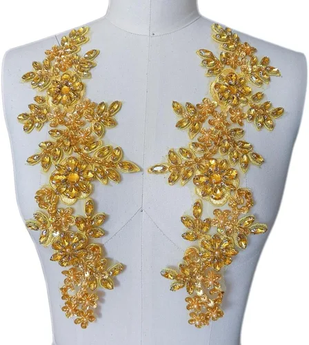 Miniatura 15 de 1 par de parches de encaje con cristales brillantes, cuentas de vidrio y piedras, para coser a mano, accesorios para decoración de vestidos de novia