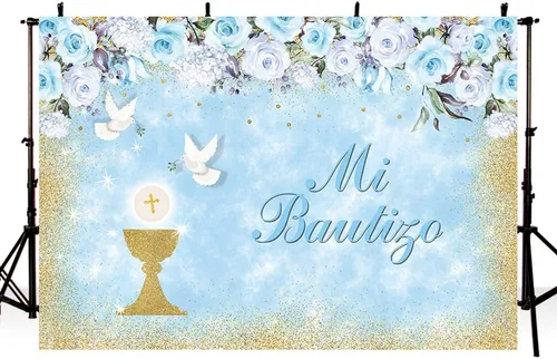 Miniatura 2 de MEHOFOND Mi Bautizo - Telón de fondo para fiesta de bautismo para niños, fondo de fotografía de fondo dorado con texto en inglés "Bless Bles", Azul