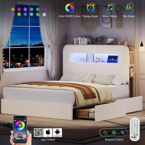 Miniatura 4 de HOSTACK Marco de Cama LED Full con Cabecera de Almacenamiento y Estación de Carga, Marco de Cama para Niños con 2 Cajones y Puertos USB, Marco