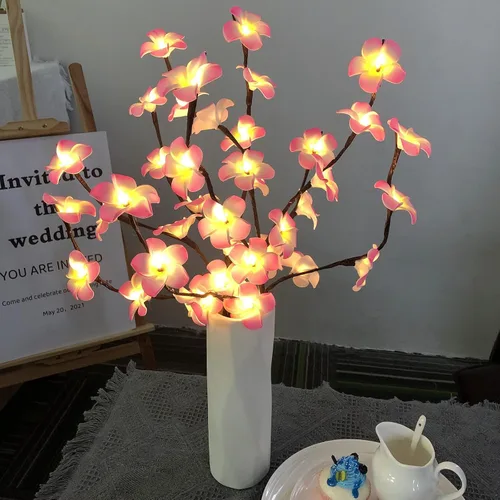 Miniatura 3 de Paquete de 2 ramas de flores artificiales de plumeria, ramo de berenjena ligera falsa Frangipani para decoración romántica del hogar (rosa)