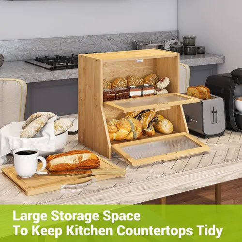 Miniatura 3 de BMOSU Panera grande de doble capa con tabla de cortar para encimera de cocina, panera con ventana de vidrio esmerilado de bambú (natural)