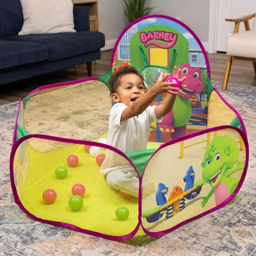 Miniatura 3 de Barney Zona de juegos desplegable, pozo de pelotas con 25 pelotas de juego y aro de baloncesto, niños mayores de 2 años
