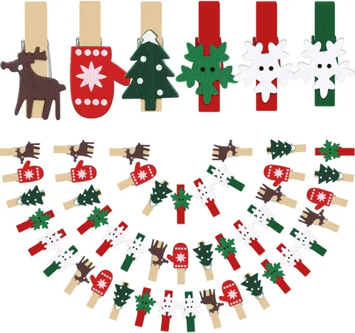 Boao 180 clips de madera de Navidad, clips de fotos para árbol de Navidad, guantes de alce, pinzas de nieve para colgar fotos y recuerdos de fiesta,