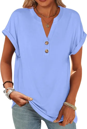 Miniatura 33 de ANRABESS - Camisetas Henley de manga corta para mujer, cuello en V, elegantes, estilo informal, de corte suelto; blusas fluidas de verano, ropa