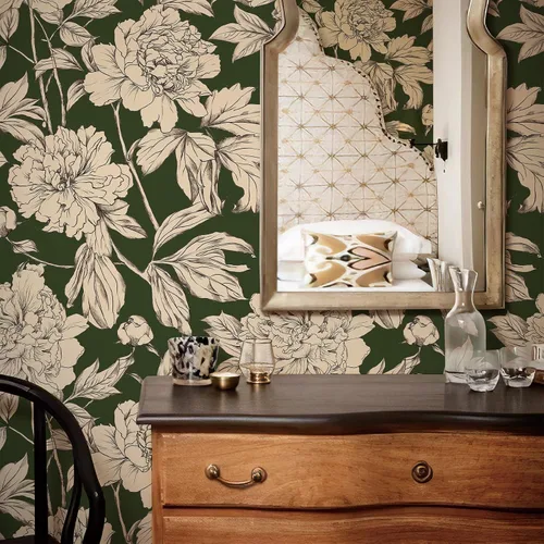 Miniatura 4 de Simon&Siff Papel Tapiz Lineal Floral, Papel Tapiz Blanco y Negro Despegar y Pegar Flores Boceto Papel de Pared Floral Removible para Dormitorio Baño