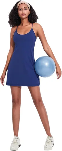 Miniatura 3 de Vestido de entrenamiento para mujer con brasier y pantalones cortos integrados, sin mangas, vestido atlético de tenis y golf con bolsillos