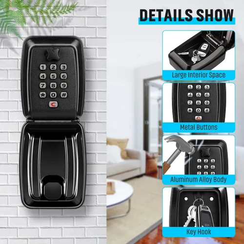 Miniatura 3 de Caja de bloqueo de llaves TEUEN para exterior, caja de bloqueo resistente impermeable con montaje en pared para llave de casa, caja de seguridad