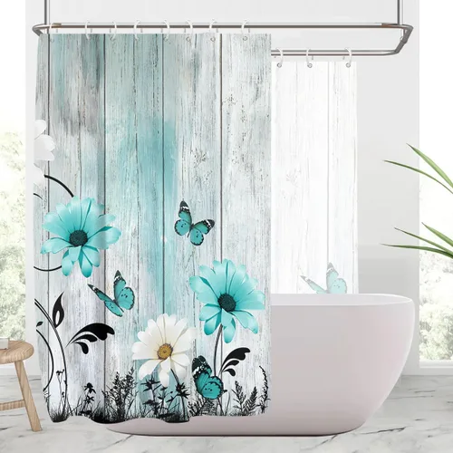 Miniatura 39 de AAtter Cortina de ducha floral azul rústica boho gris blanco amarillo margarita naturaleza negro botánico telón azul verdoso turquesa tela única