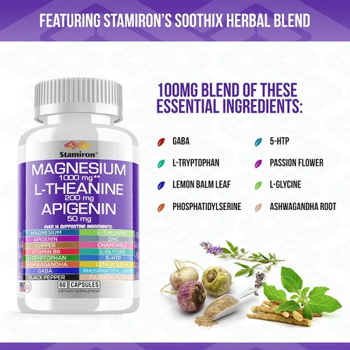 Miniatura 4 de Complejo de magnesio 1000 mg L Teanina 200 mg Apigenina 50 mg Suplemento con citrato de glicinato mag, malato taurato + manzanilla 5-HTP Passion