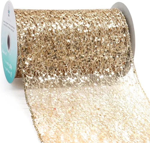 Miniatura 21 de Cinta con alambre de malla brillante con purpurina de 6 x 10 yardas, color negro para decoración del hogar, lazo para envolver regalos