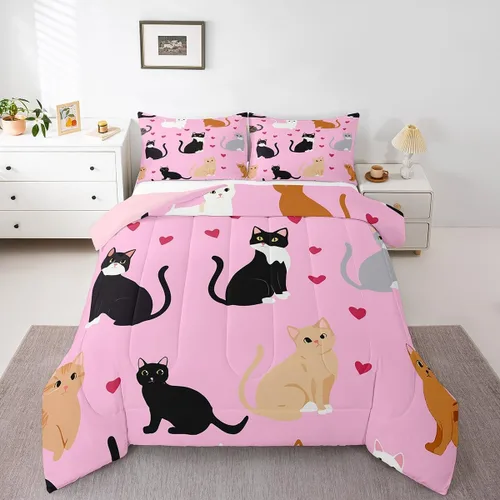 Miniatura 39 de Erosebridal Lindo juego de edredón de gato, tamaño individual, kawaii, fresa, juego de ropa de cama para niñas, diseño de arco iris, edredón rosa