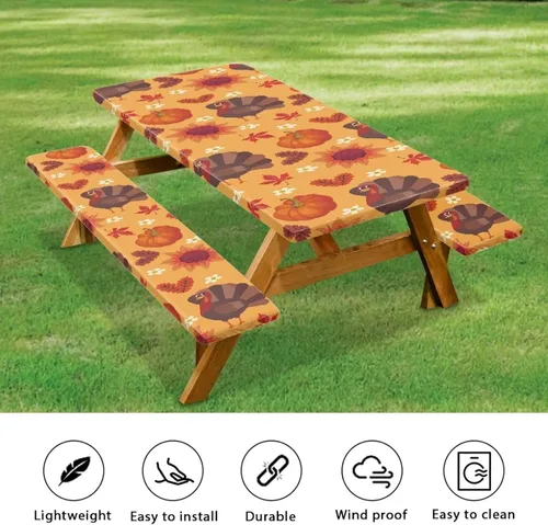 Miniatura 5 de Juego de 3 piezas de mantel de picnic con hojas de arce de pavo y girasol, lavable a máquina, fácil de instalar, funda para mesas y asientos Girasol