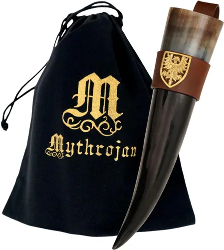 Miniatura 27 de Mythrojan Cuerno vikingo para beber 100% natural, auténtico, decoración de latón, cuerno nórdico con funda de cuero negro, bolsa de lona para vino