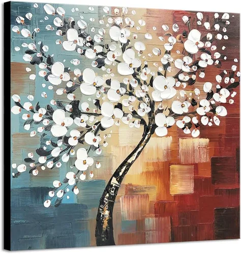 Miniatura 10 de Wieco Art Morning Glory - Arte de pared enmarcado, 24 x 24 pulgadas, 100% pintado a mano, pintura al óleo abstracta de flores blancas, decoración