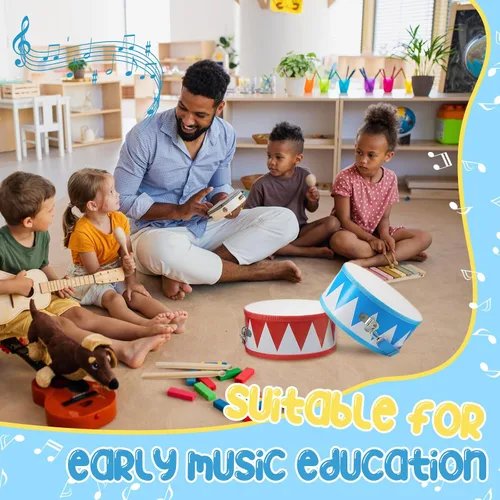 Miniatura 7 de Boao Juego de 2 tambores para niños, tambor de juguete de madera de 8 pulgadas para niños pequeños con correa ajustable y 4 baquetas, instrumento