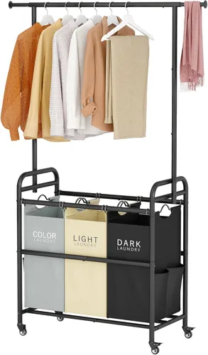 Tajsoon Carrito Clasificador de Lavandería con Perchero para Colgar Ropa, Organizador de 3 Cestas Clasificadoras Butler, Carrito Cesto de Lavandería