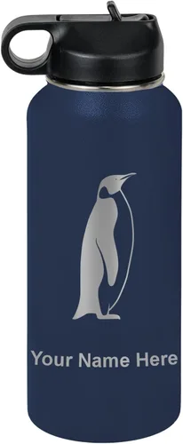 Miniatura 56 de LaserGram Botella de agua personalizada, pingüino, acero inoxidable de doble pared aislada al vacío con popote superior, regalo grabado
