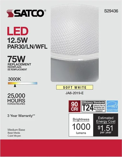 Miniatura 7 de Satco PAR30LN - Bombilla reflectora LED de 12.5 W, 3000 K, blanco suave, 1000 lúmenes, 60 grados, ángulo de haz E26, base media, 120 voltios